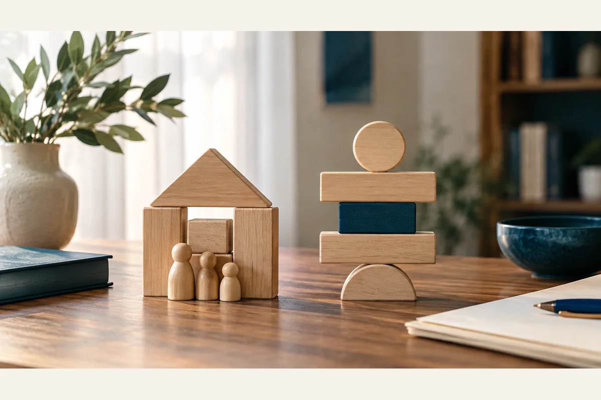Due gruppi distinti di piccoli blocchi di legno su un tavolo, uno ricomposto e uno riequilibrato