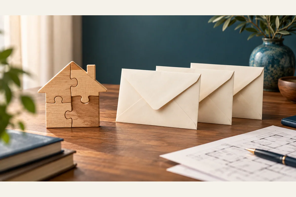 Una porzione di puzzle a forma di casa accanto a tre buste chiuse identiche