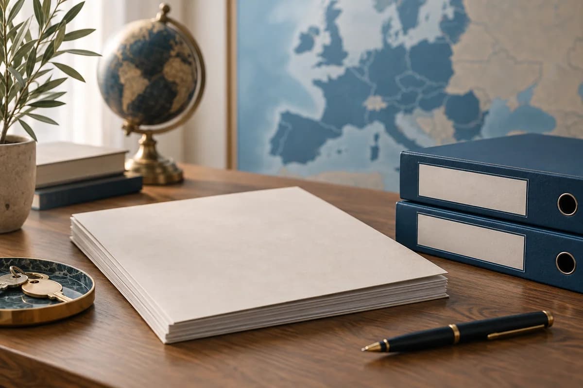 Un documento europeo neutro senza simboli ufficiali accanto a due cartelline e una mappa geografica sfocata