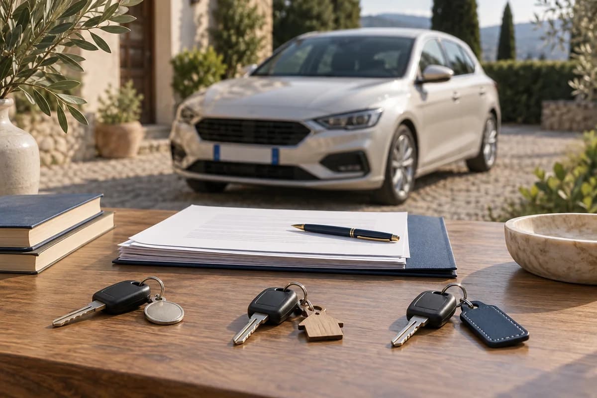 Un'auto europea senza marchi parcheggiata, con tre mazzi di chiavi e documenti neutri in primo piano