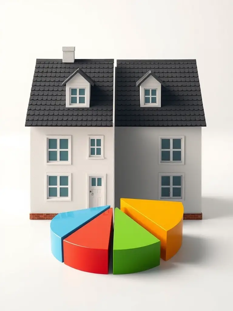 A visual representation of divided assets, such as a house split in half or a pie chart showing asset allocation, illustrating the firm's expertise in asset division during inheritance.