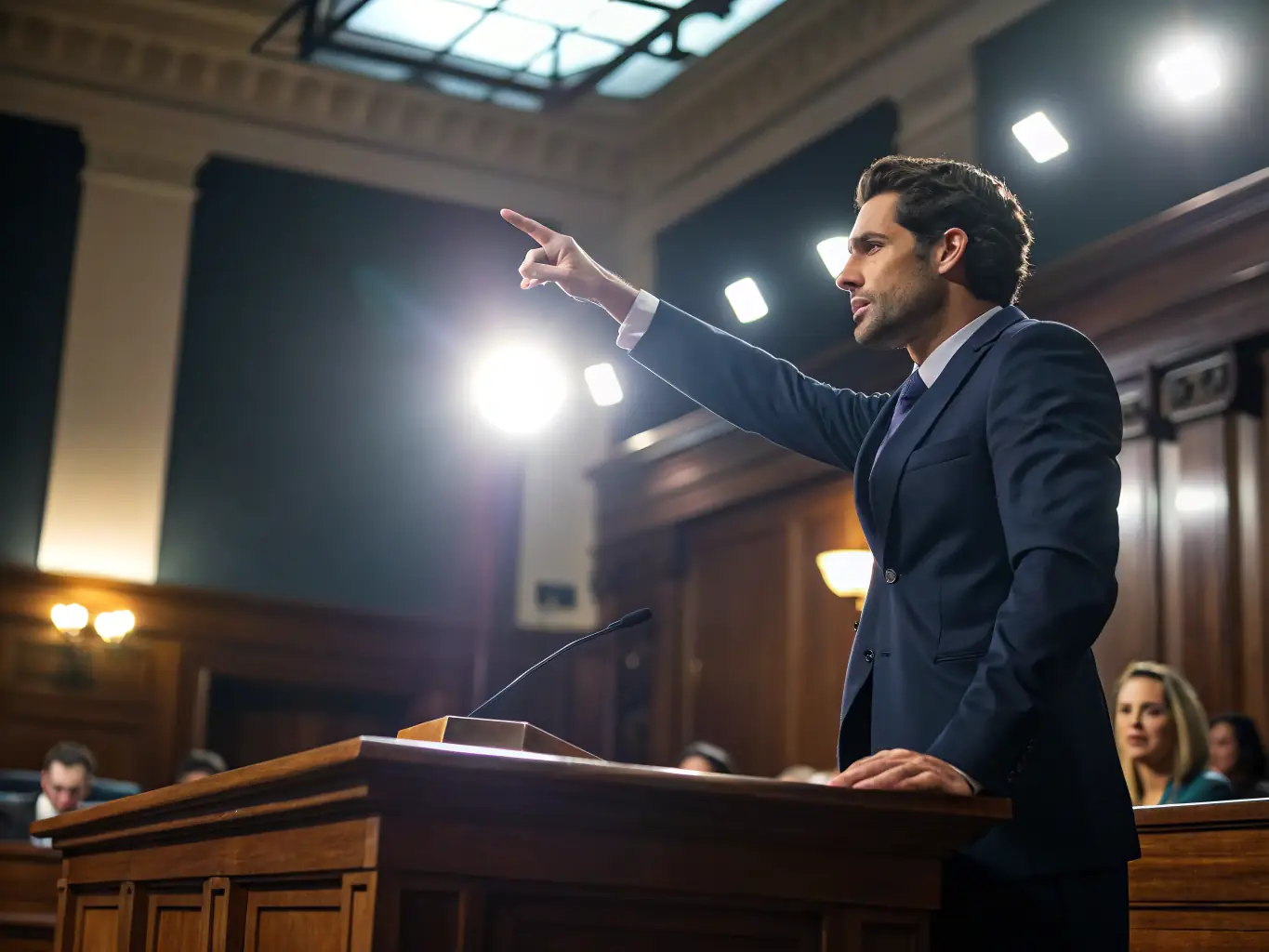 A solemn courtroom scene with a lawyer presenting a case related to inheritance law, emphasizing the seriousness and legal expertise involved.