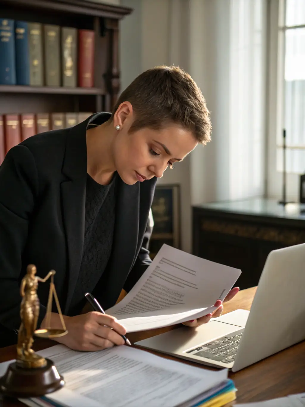 A professionally dressed lawyer sitting at a desk, reviewing a will document with a magnifying glass, in a well-lit office setting, symbolizing the firm's meticulous approach to will drafting and review.